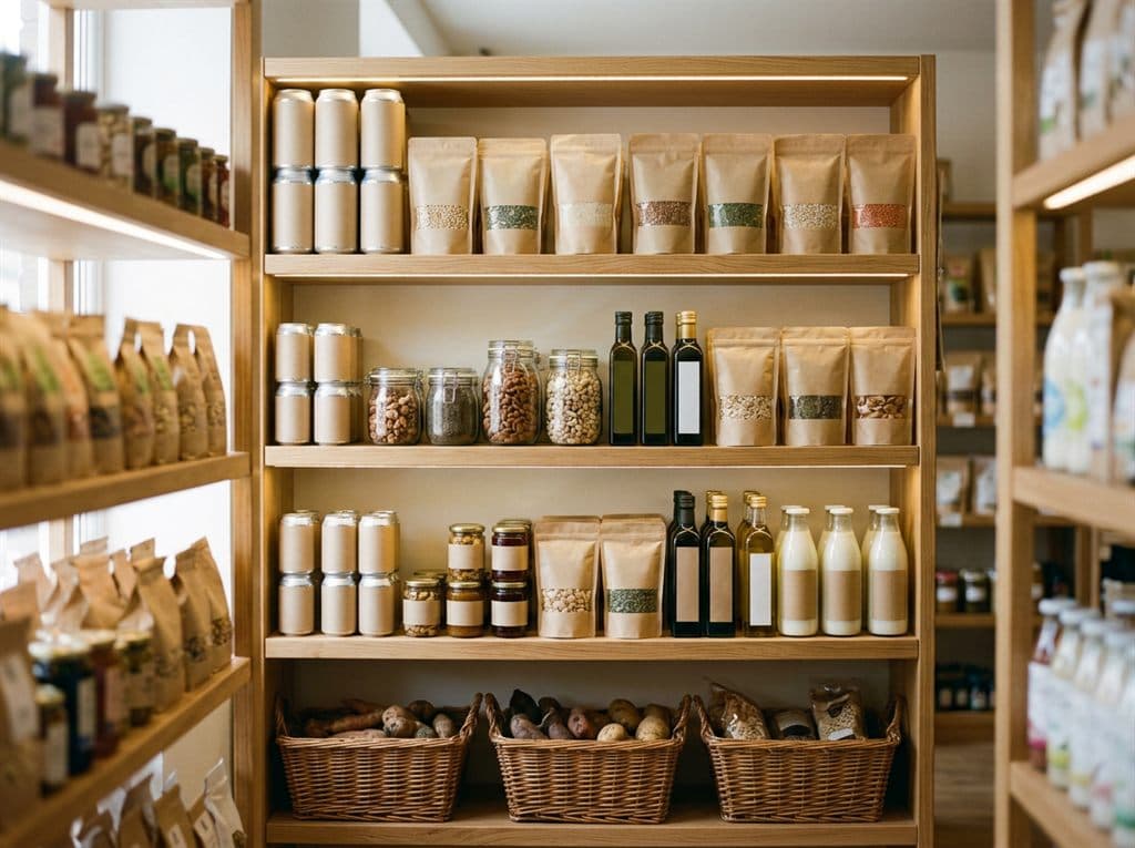 Estanterías con productos ecológicos envasados en la tienda de Ourense